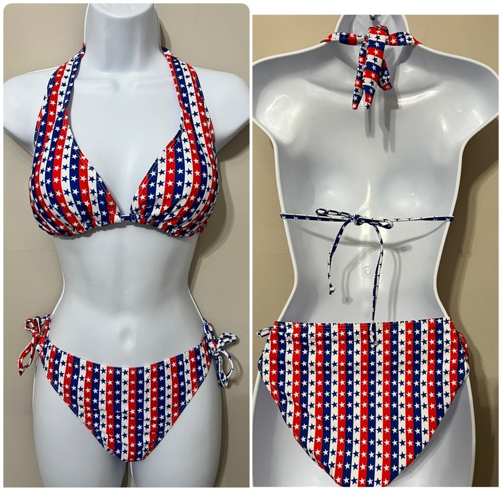 American Flag Star Stripes Halter Tie Sides Bikini Set